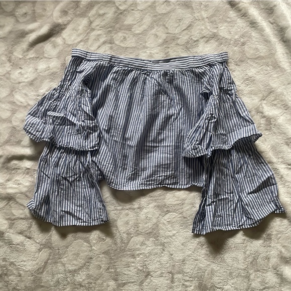 BCBGMaxAzria Blue & White Striped Long Sleeve Off the Shoulder Callison Top Smal - Picture 2 of 10